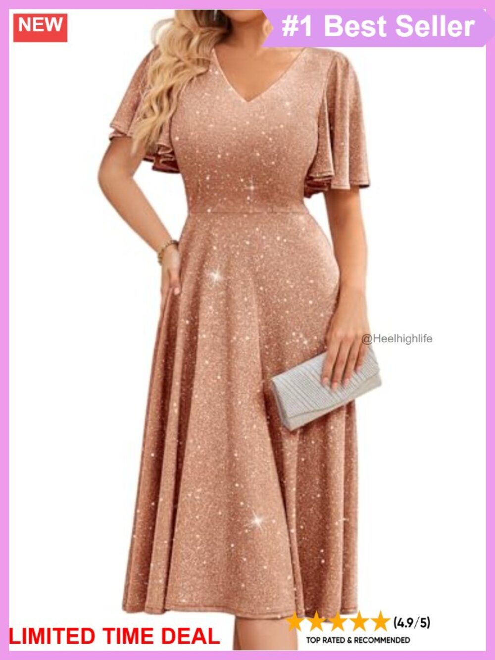 Sequin High Neck Short Sleeve Fit and Flare Tea Length A-Line Wedding Guest